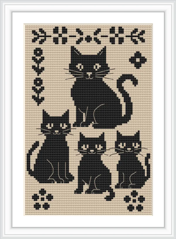 The image shows four black cats in a seated position on a beige background, framed by floral and geometric motifs in a cross pattern.