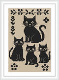 The image shows four black cats in a seated position on a beige background, framed by floral and geometric motifs in a cross pattern.