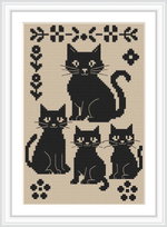 The image shows four black cats in a seated position on a beige background, framed by floral and geometric motifs in a cross pattern.