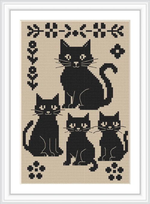 The image shows four black cats in a seated position on a beige background, framed by floral and geometric motifs in a cross pattern.