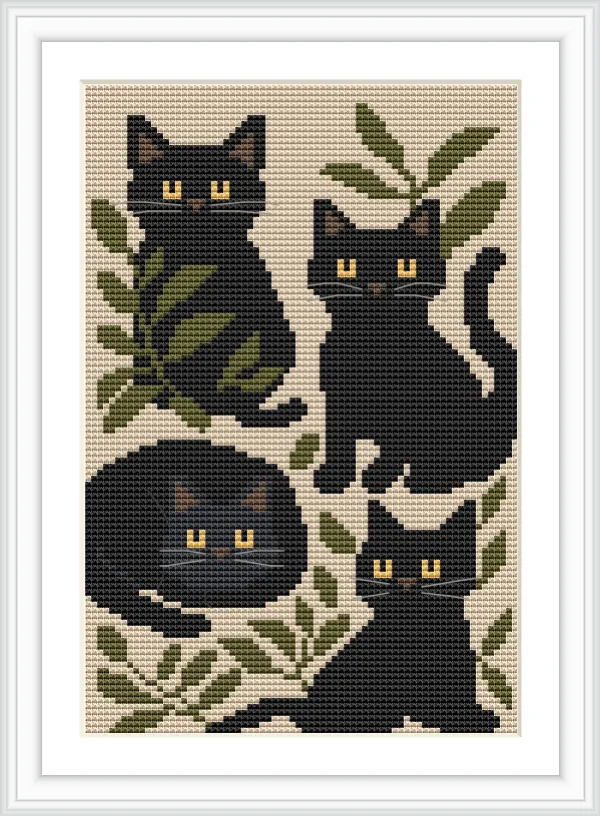 The image features four black cats in various poses, surrounded by green leaves. The cats are sitting or lying on a beige background.