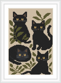 The image features four black cats in various poses, surrounded by green leaves. The cats are sitting or lying on a beige background.