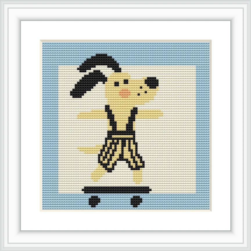 A cartoon-like dog is standing on a skateboard, centered in a square frame with a light blue border, wearing black and yellow striped clothing.