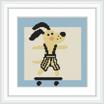 A cartoon-like dog is standing on a skateboard, centered in a square frame with a light blue border, wearing black and yellow striped clothing.