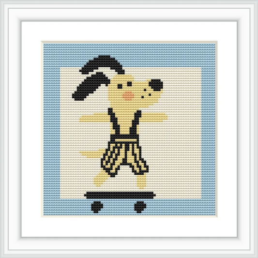 A cartoon-like dog is standing on a skateboard, centered in a square frame with a light blue border, wearing black and yellow striped clothing.