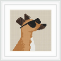 A profile of a dog wearing sunglasses, with a background in a solid beige color.