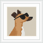 A profile of a dog wearing sunglasses, with a background in a solid beige color.