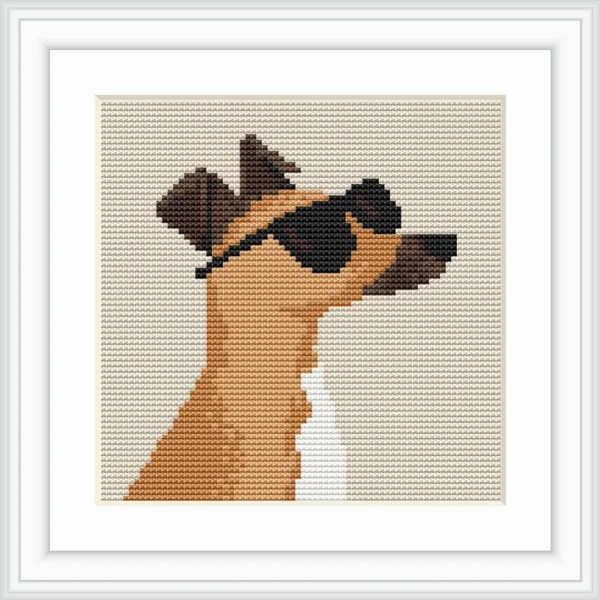 A profile of a dog wearing sunglasses, with a background in a solid beige color.