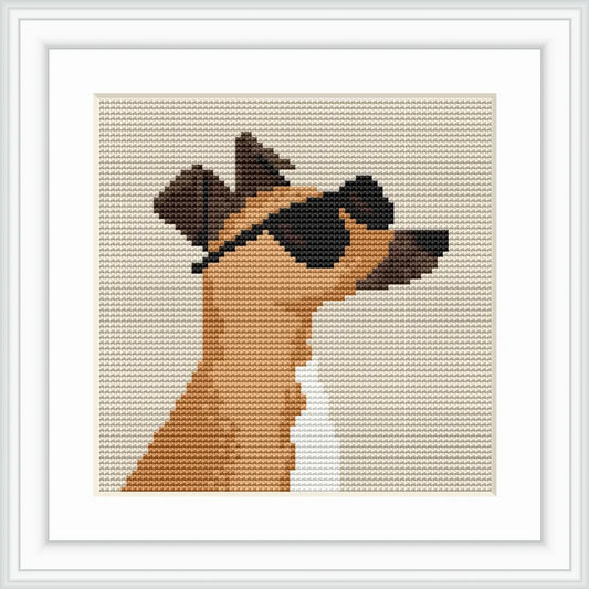 A profile of a dog wearing sunglasses, with a background in a solid beige color.