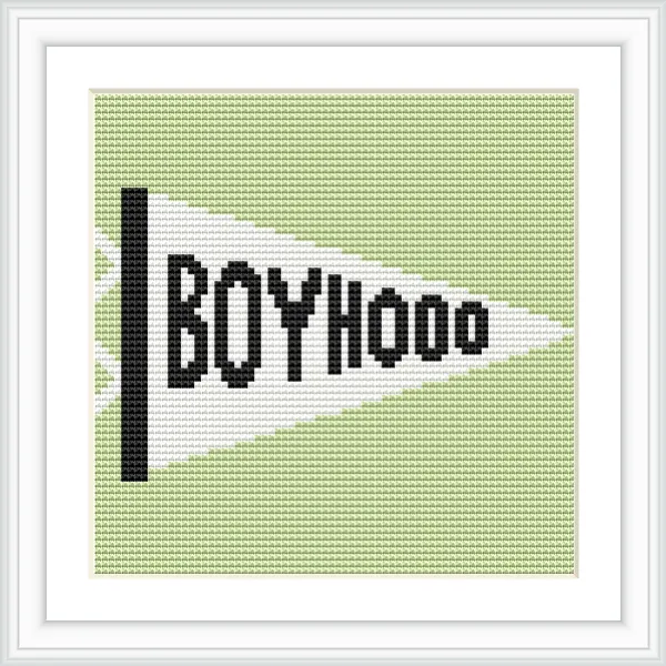 The image shows a framed cross stitch pattern with the word 'Boyhood' on a white pennant flag set against a light green background.