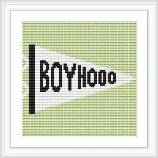 The image shows a framed cross stitch pattern with the word 'Boyhood' on a white pennant flag set against a light green background.