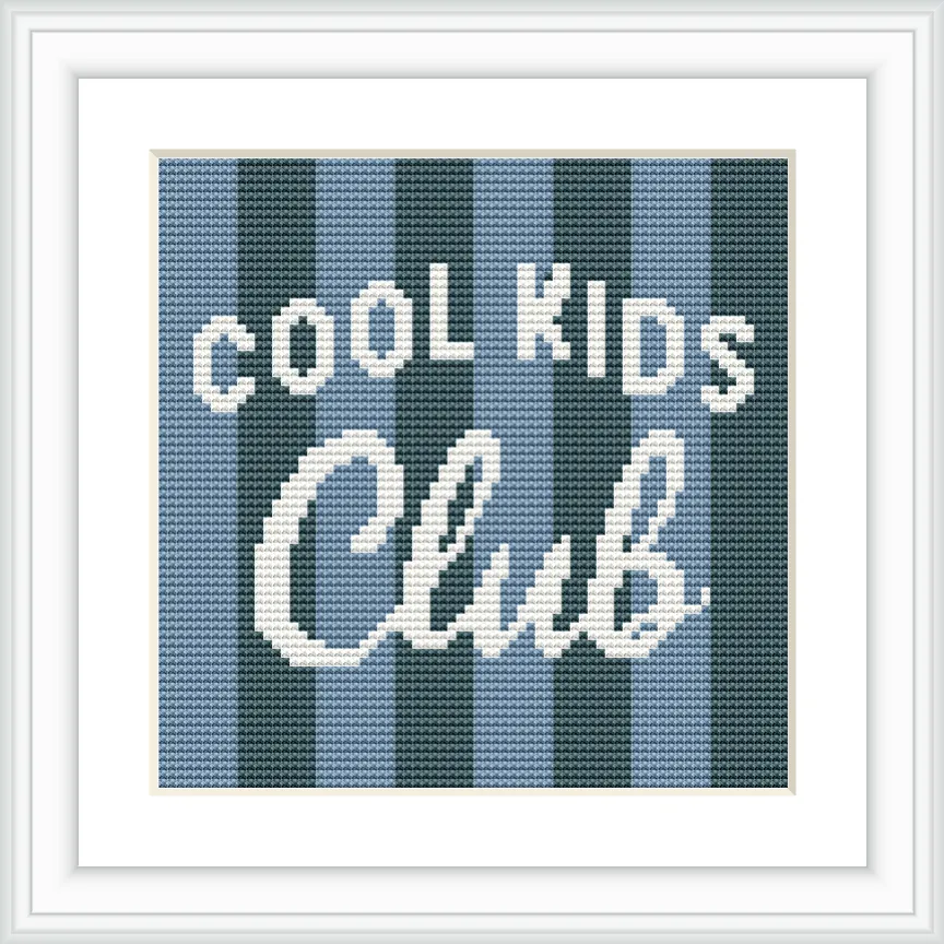 The image features a cross stitch design with the text 'Cool Kids Club'. The background has alternating dark blue and light blue vertical stripes with the text in white in the center.