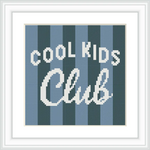 The image features a cross stitch design with the text 'Cool Kids Club'. The background has alternating dark blue and light blue vertical stripes with the text in white in the center.