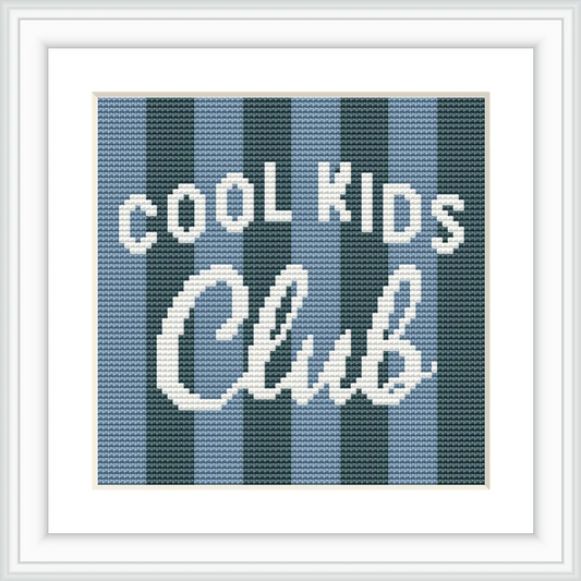 The image features a cross stitch design with the text 'Cool Kids Club'. The background has alternating dark blue and light blue vertical stripes with the text in white in the center.