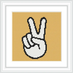 This image features a white hand making the peace sign. The hand is centered on a beige background and is outlined in black. It is enclosed within a white frame.