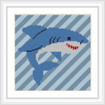 A shark is depicted swimming on a diagonal blue striped background, showing its side profile with sharp teeth and a fin.