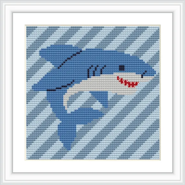 A shark is depicted swimming on a diagonal blue striped background, showing its side profile with sharp teeth and a fin.