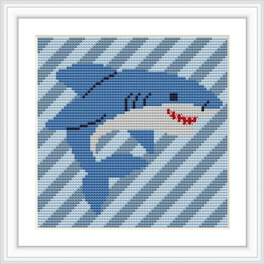 A shark is depicted swimming on a diagonal blue striped background, showing its side profile with sharp teeth and a fin.