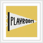 This cross stitch pattern features the word 'PLAYROOM' on a triangular pennant with a white background and yellow surrounding, outlined in black.