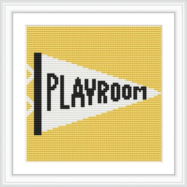 This cross stitch pattern features the word 'PLAYROOM' on a triangular pennant with a white background and yellow surrounding, outlined in black.