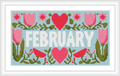 The image shows a cross stitch pattern with the word 'February' in bold letters, surrounded by hearts and tulip flowers arranged symmetrically. The background is light blue with green leaves adorning the scene.