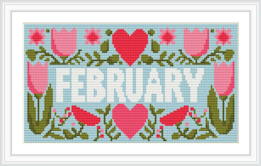 The image shows a cross stitch pattern with the word 'February' in bold letters, surrounded by hearts and tulip flowers arranged symmetrically. The background is light blue with green leaves adorning the scene.