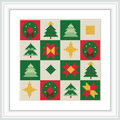 The image shows a quilt-like pattern with alternating squares featuring Christmas trees, stars, wreaths, and geometric shapes. The colors are red, green, yellow, and white, arranged in a 4x4 grid format.