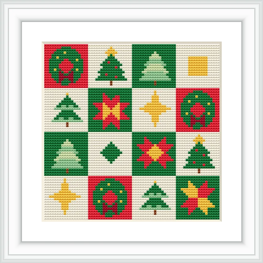 The image shows a quilt-like pattern with alternating squares featuring Christmas trees, stars, wreaths, and geometric shapes. The colors are red, green, yellow, and white, arranged in a 4x4 grid format.