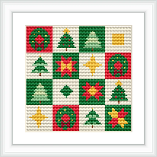 The image shows a quilt-like pattern with alternating squares featuring Christmas trees, stars, wreaths, and geometric shapes. The colors are red, green, yellow, and white, arranged in a 4x4 grid format.