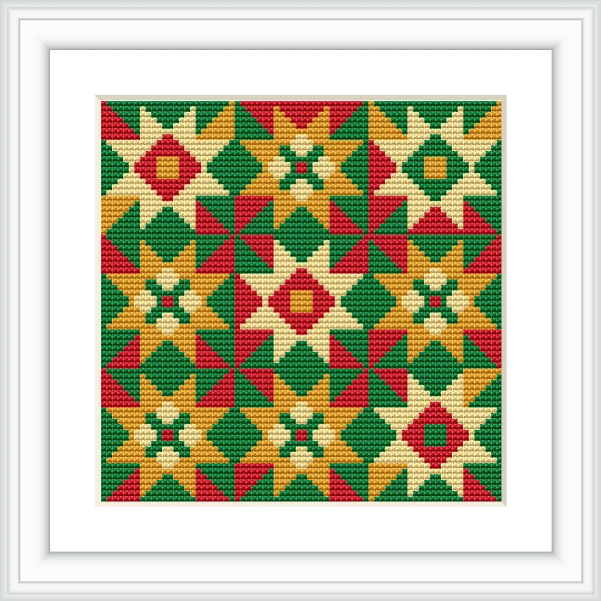 The image displays a geometric cross-stitch pattern composed of repeated star motifs in a grid layout. The stars are in alternating colors of red, green, and gold, set against a bold black background.