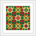 The image displays a geometric cross-stitch pattern composed of repeated star motifs in a grid layout. The stars are in alternating colors of red, green, and gold, set against a bold black background.