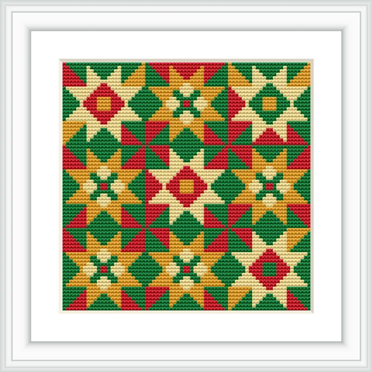 The image displays a geometric cross-stitch pattern composed of repeated star motifs in a grid layout. The stars are in alternating colors of red, green, and gold, set against a bold black background.
