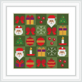 The cross stitch pattern features a repeating design of Santa Claus faces, candles, wrapped gifts, ornaments, bows, and snowflakes on a green background.