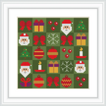 The cross stitch pattern features a repeating design of Santa Claus faces, candles, wrapped gifts, ornaments, bows, and snowflakes on a green background.