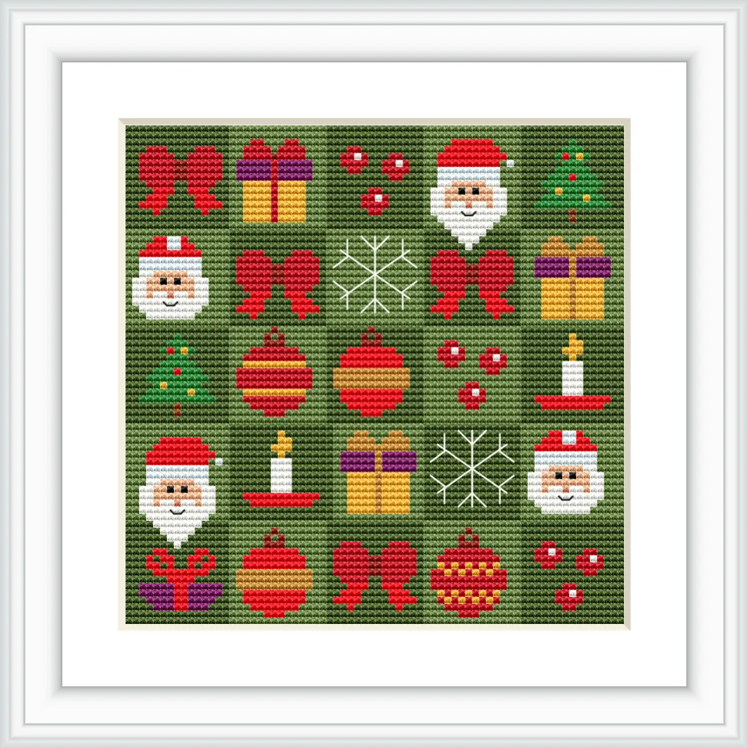 The cross stitch pattern features a repeating design of Santa Claus faces, candles, wrapped gifts, ornaments, bows, and snowflakes on a green background.