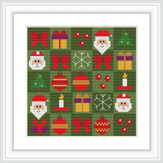 The cross stitch pattern features a repeating design of Santa Claus faces, candles, wrapped gifts, ornaments, bows, and snowflakes on a green background.