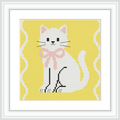The image shows a white cat with a pink bow sitting against a yellow background, with wavy borders on either side.