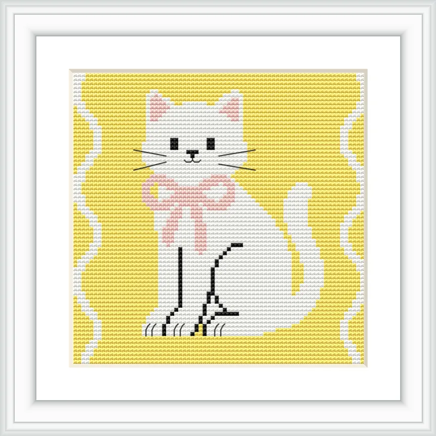 The image shows a white cat with a pink bow sitting against a yellow background, with wavy borders on either side.