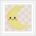 A yellow crescent moon with a smiling face and rosy cheeks is centered on a background of pink and white checkered pattern.