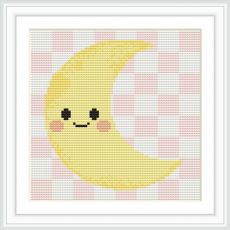 A yellow crescent moon with a smiling face and rosy cheeks is centered on a background of pink and white checkered pattern.