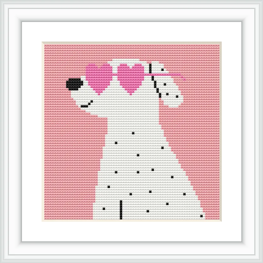 A white dog with black spots is wearing pink heart-shaped sunglasses against a pink background.