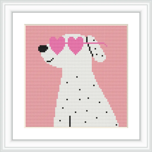 A white dog with black spots is wearing pink heart-shaped sunglasses against a pink background.