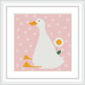 A white goose with an orange beak and feet is positioned centrally on a pink background with polka dots. Behind the goose, there is a small daisy with a yellow center and green stem.