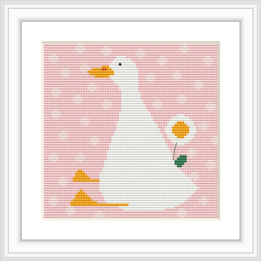 A white goose with an orange beak and feet is positioned centrally on a pink background with polka dots. Behind the goose, there is a small daisy with a yellow center and green stem.