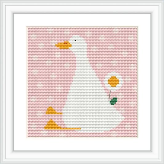 A white goose with an orange beak and feet is positioned centrally on a pink background with polka dots. Behind the goose, there is a small daisy with a yellow center and green stem.