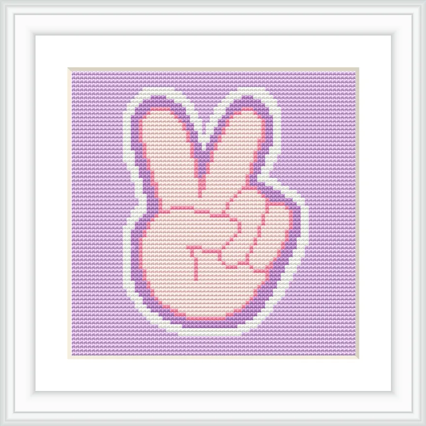 The image features a hand forming a peace sign, outlined and filled in a cross stitch pattern, on a lavender background.