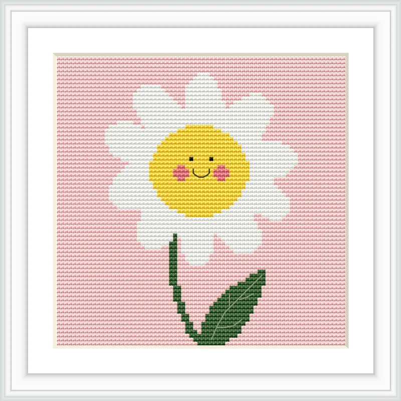 A large, smiling flower with a yellow center and white petals is set against a pink background. It has a single green stem and leaf.