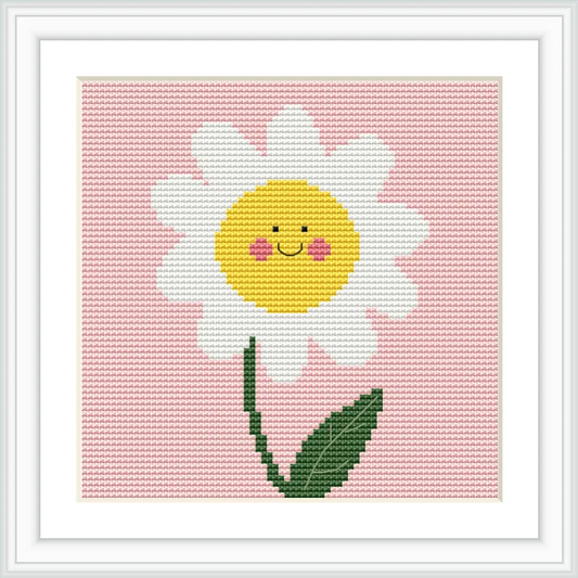 A large, smiling flower with a yellow center and white petals is set against a pink background. It has a single green stem and leaf.