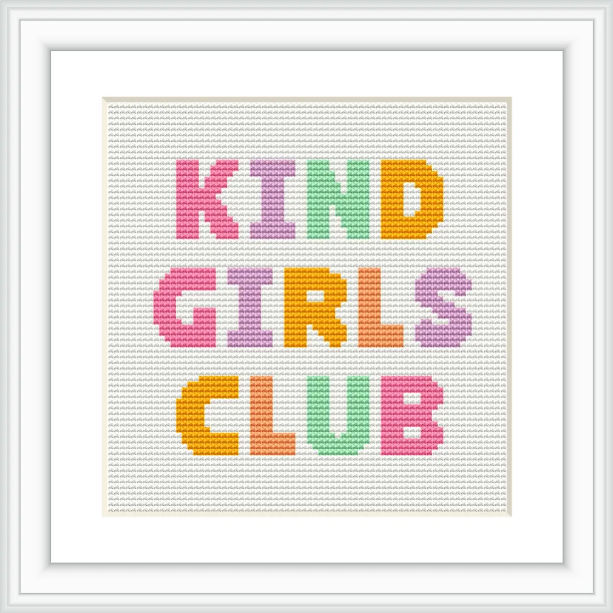 A cross stitch pattern with the phrase 'KIND GIRLS CLUB' in bold, colorful letters. The letters are arranged in a 3x3 grid and framed neatly.