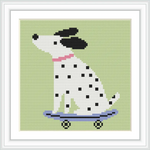 A white dog with black spots is sitting on a blue skateboard against a light green background.